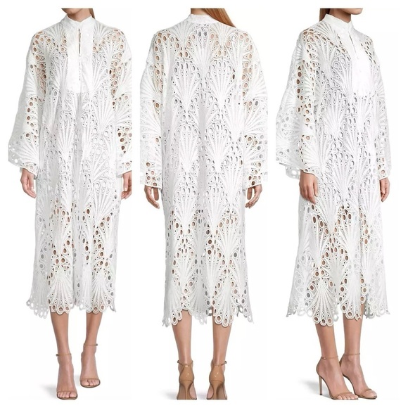 La Vie Style House Lace and Eyelet Caftan Midi-Dress White - Picture 1 of 15